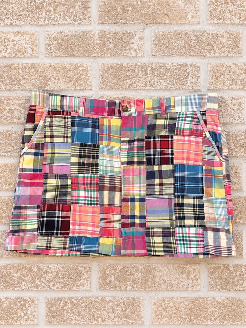 Vintage Y2K Old Navy Size 14 Patchwork Madras Plaid Cotton Mini Skirt Preppy - Picture 2 of 4
